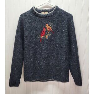 WOOLRICH Vintage Heathered Gray Knit Sweater With Cardinal Bird Embroidery